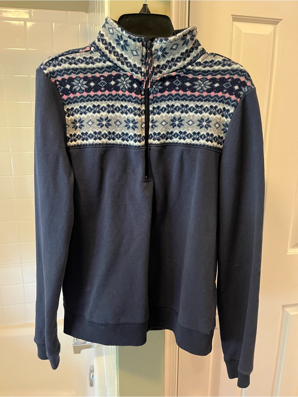 Prince & Fox Navy Zip-Up Sweater with Fair Isle Yoke. Size M.